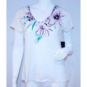 TAHARI Bally KNIT White Silver Purple FLORAL Print V-NECK Top SHIRT L